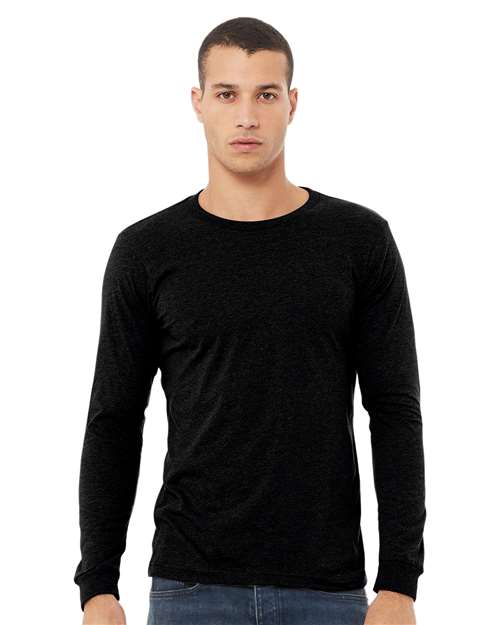 Custom Embroidered BELLA + CANVAS Heather CVC Long Sleeve Tee 3501CVC Solid Black Blend