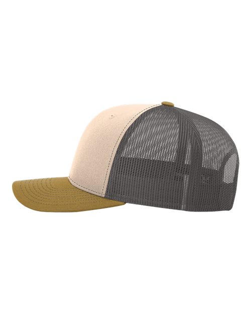 Richardson Snapback Trucker Cap 112 Mink Beige/ Charcoal/ Amber Gold Custom Embroidered Business Logo