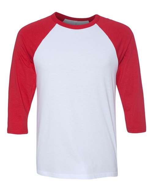 BELLA + CANVAS Three-Quarter Sleeve Baseball Tee 3200 White/ Red Custom Embroidered Business Logo