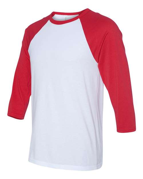 BELLA + CANVAS Three-Quarter Sleeve Baseball Tee 3200 White/ Red Custom Embroidered Business Logo