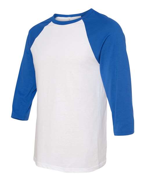 BELLA + CANVAS Three-Quarter Sleeve Baseball Tee 3200 White/ Red Custom Embroidered Business Logo
