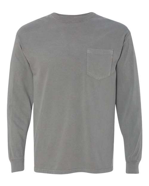 Comfort Colors Garment-Dyed Heavyweight Long Sleeve Pocket T-Shirt 4410 Granite Custom Embroidered Business Logo