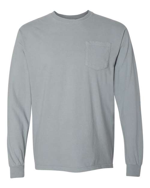 Comfort Colors Garment-Dyed Heavyweight Long Sleeve Pocket T-Shirt 4410 Granite Custom Embroidered Business Logo