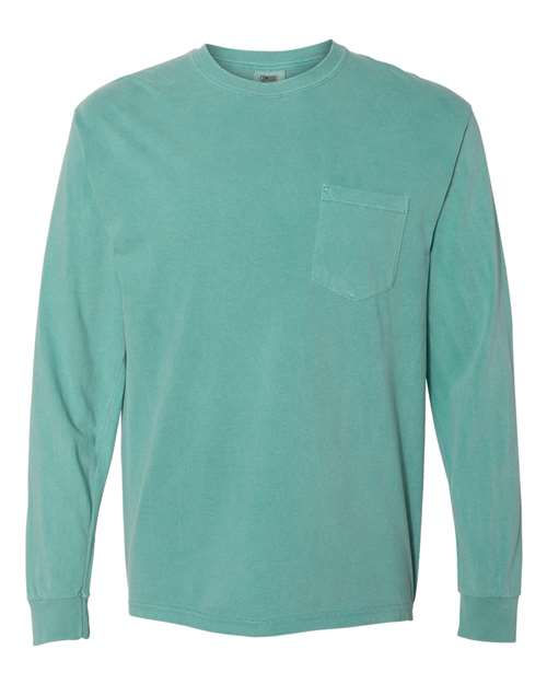 Comfort Colors Garment-Dyed Heavyweight Long Sleeve Pocket T-Shirt 4410 Seafoam Custom Embroidered Business Logo
