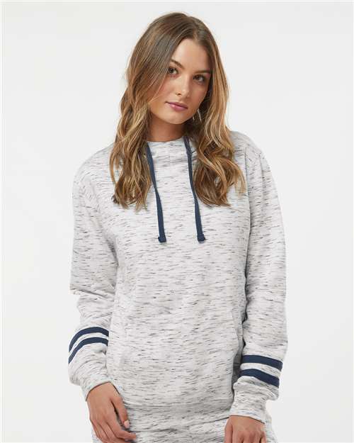 Custom Embroidered J. America Women’s Mélange Fleece Striped-Sleeve Hooded Sweatshirt 8674