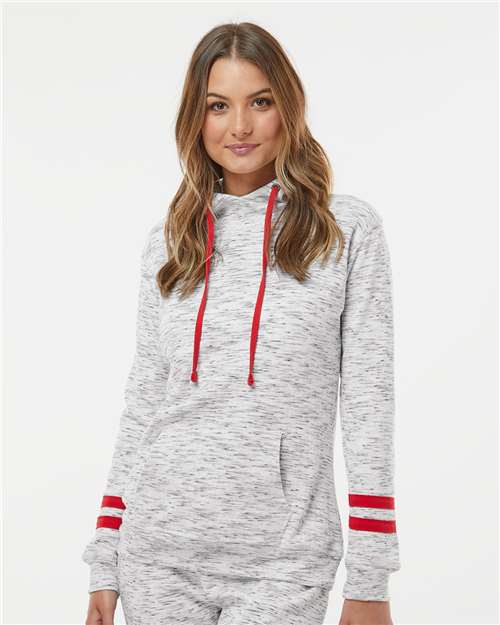 Custom Embroidered J. America Women’s Mélange Fleece Striped-Sleeve Hooded Sweatshirt 8674