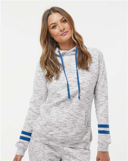 Custom Embroidered J. America Women’s Mélange Fleece Striped-Sleeve Hooded Sweatshirt 8674