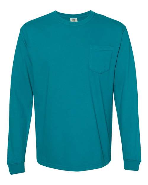 Comfort Colors Garment-Dyed Heavyweight Long Sleeve Pocket T-Shirt 4410 Seafoam Custom Embroidered Business Logo