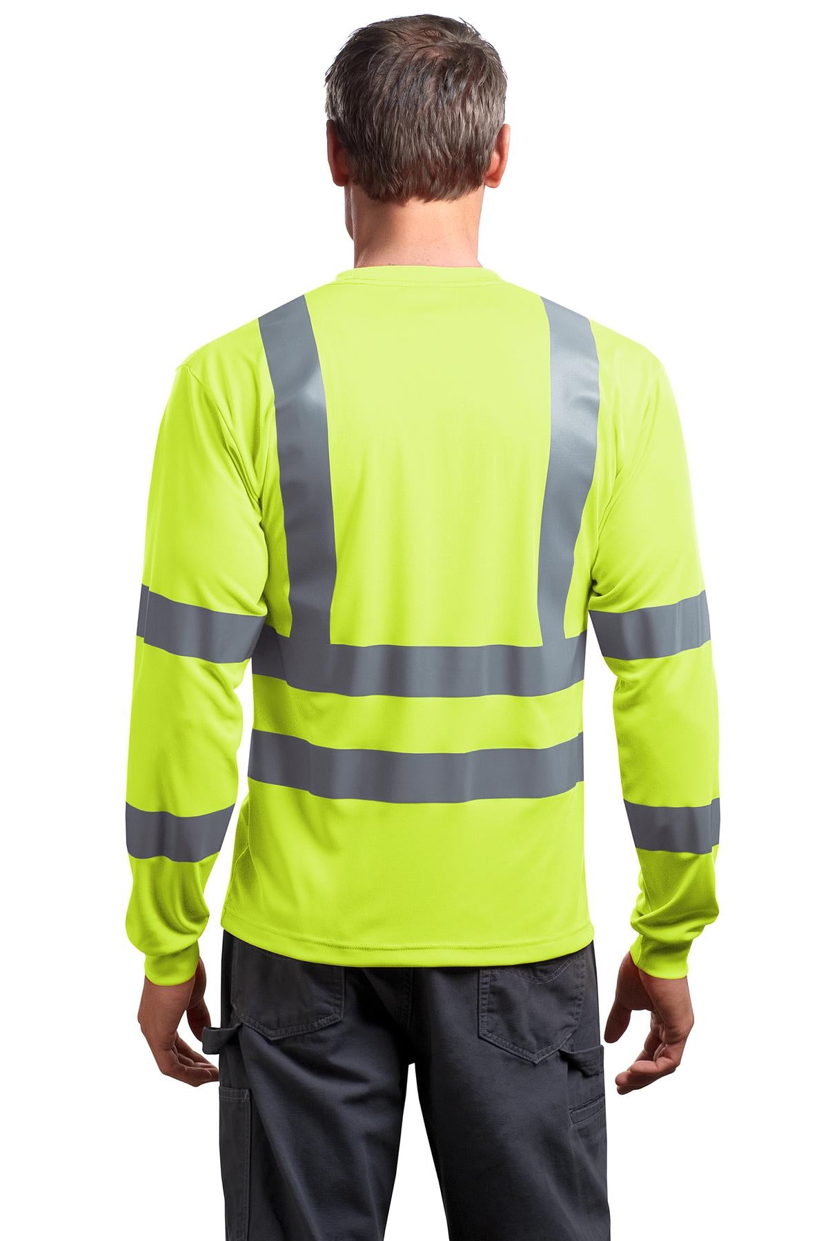 Custom Embroidered CornerStone - ANSI 107 Class 3 Long Sleeve Snag-Resistant Reflective T-Shirt. CS409,Safety Yellow