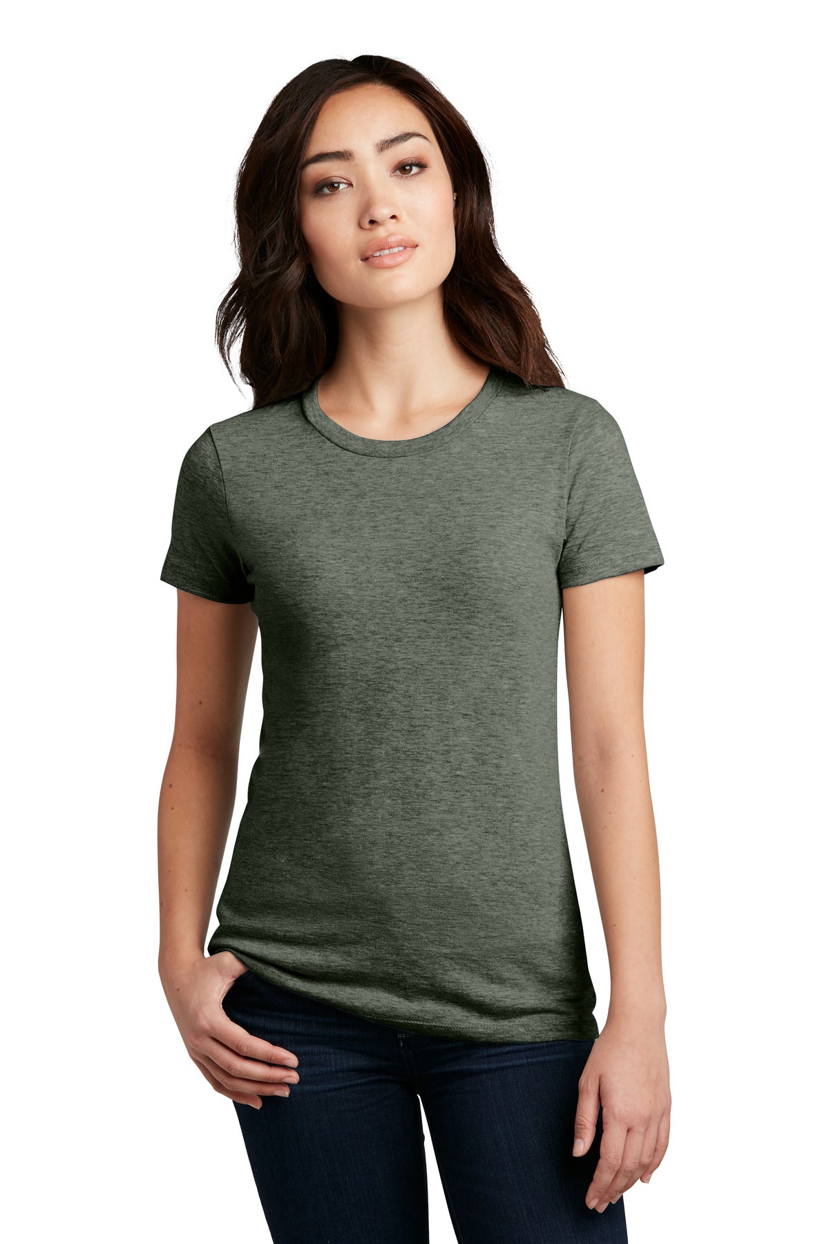 District Women's Perfect Blend CVC Tee. DM108L Heathered Olive