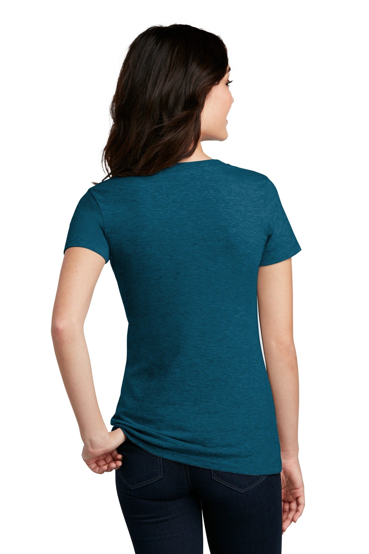 Custom Embroidered District Women's Perfect Blend CVC V-Neck Tee. DM1190L,Deep Turquoise Fleck