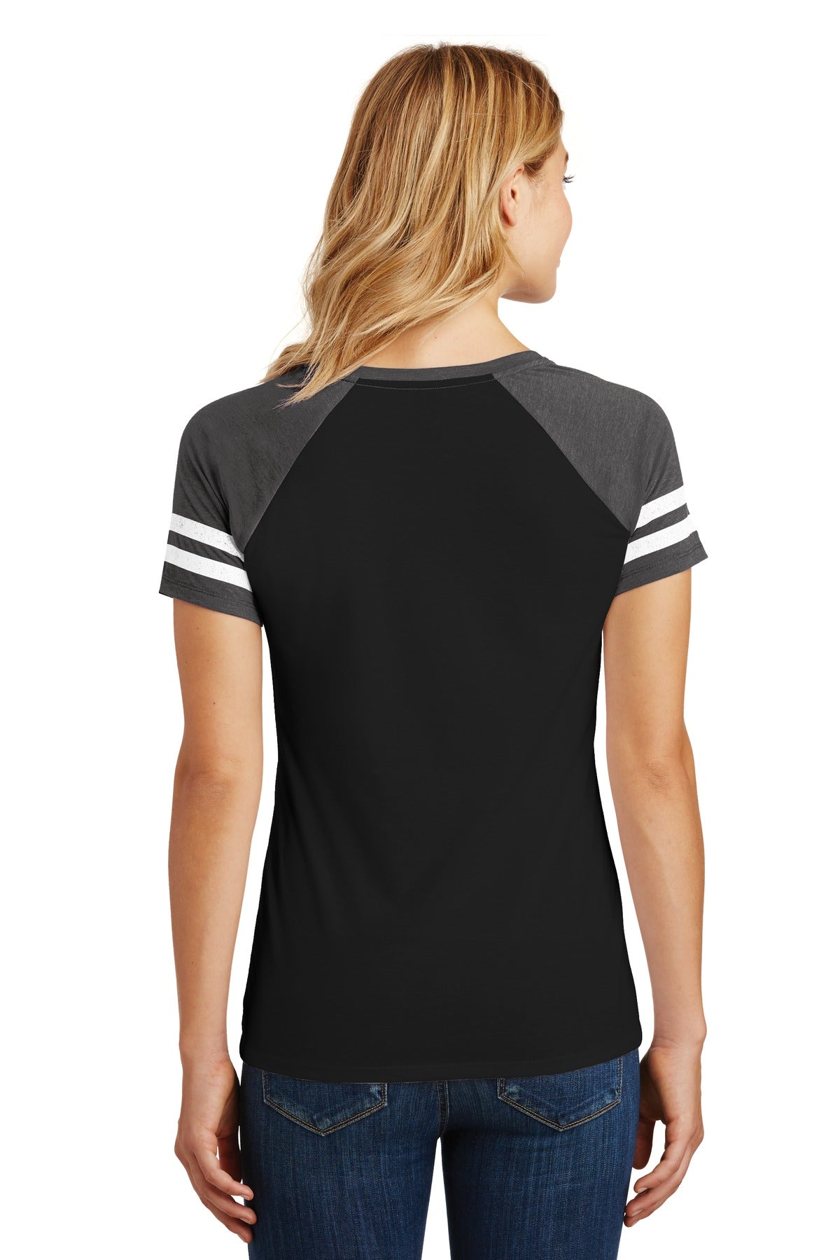 Custom Embroidered District Women's Game V-Neck Tee. DM476,Black/ Heathered Charcoal