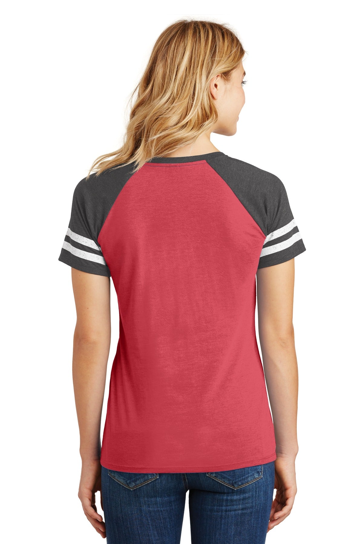 Custom Embroidered District Women's Game V-Neck Tee. DM476,Heathered Red/ Heathered Charcoal