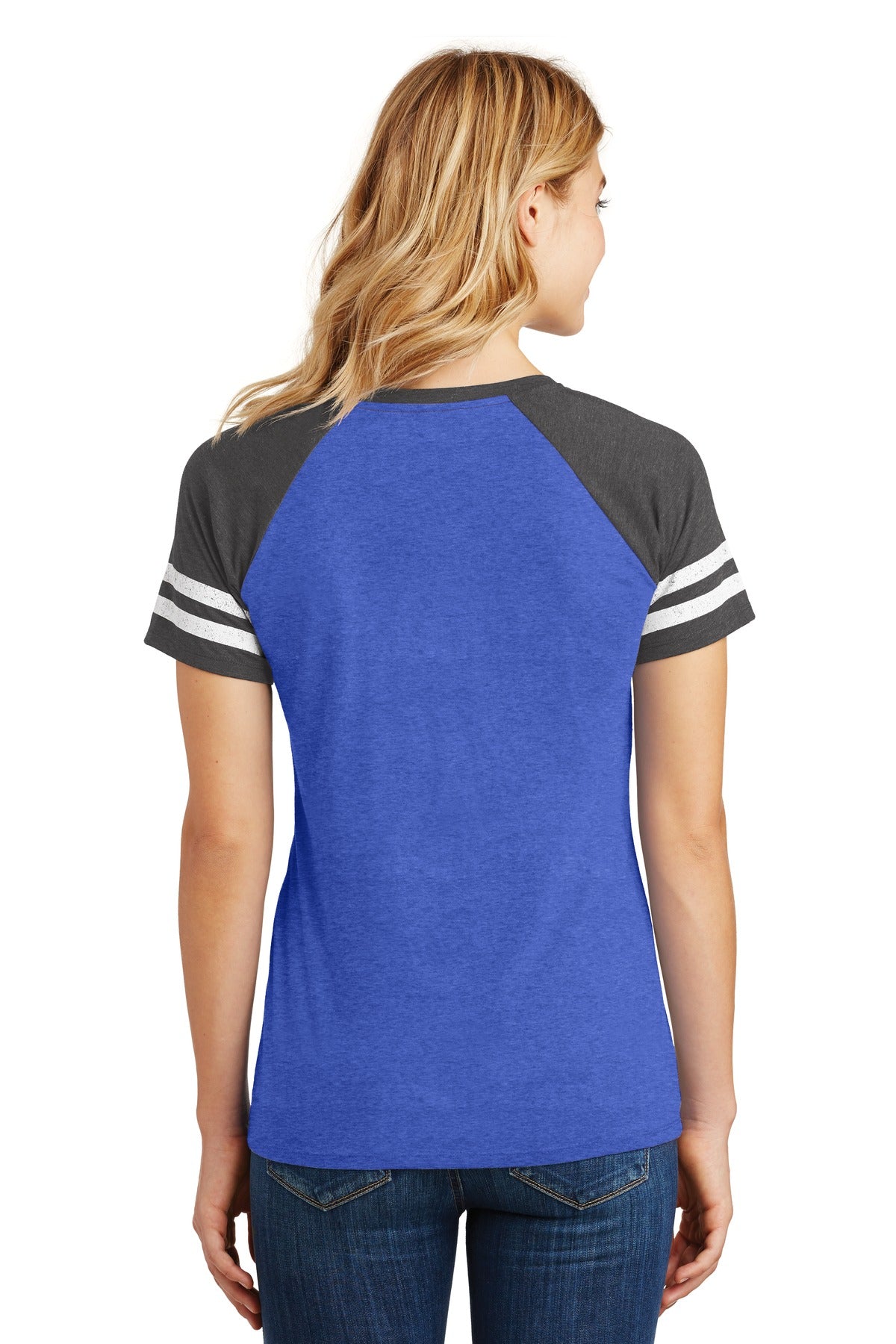 Custom Embroidered District Women's Game V-Neck Tee. DM476,Heathered True Royal/ Heathered Charcoal