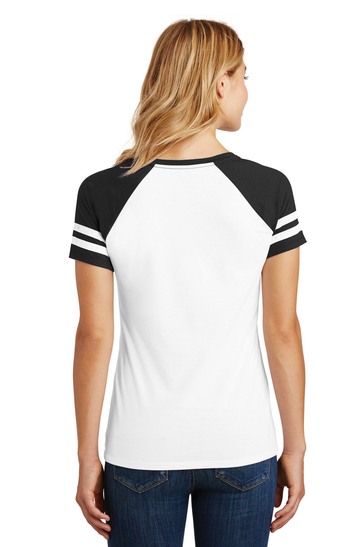 Custom Embroidered District Women's Game V-Neck Tee. DM476,White/ Black
