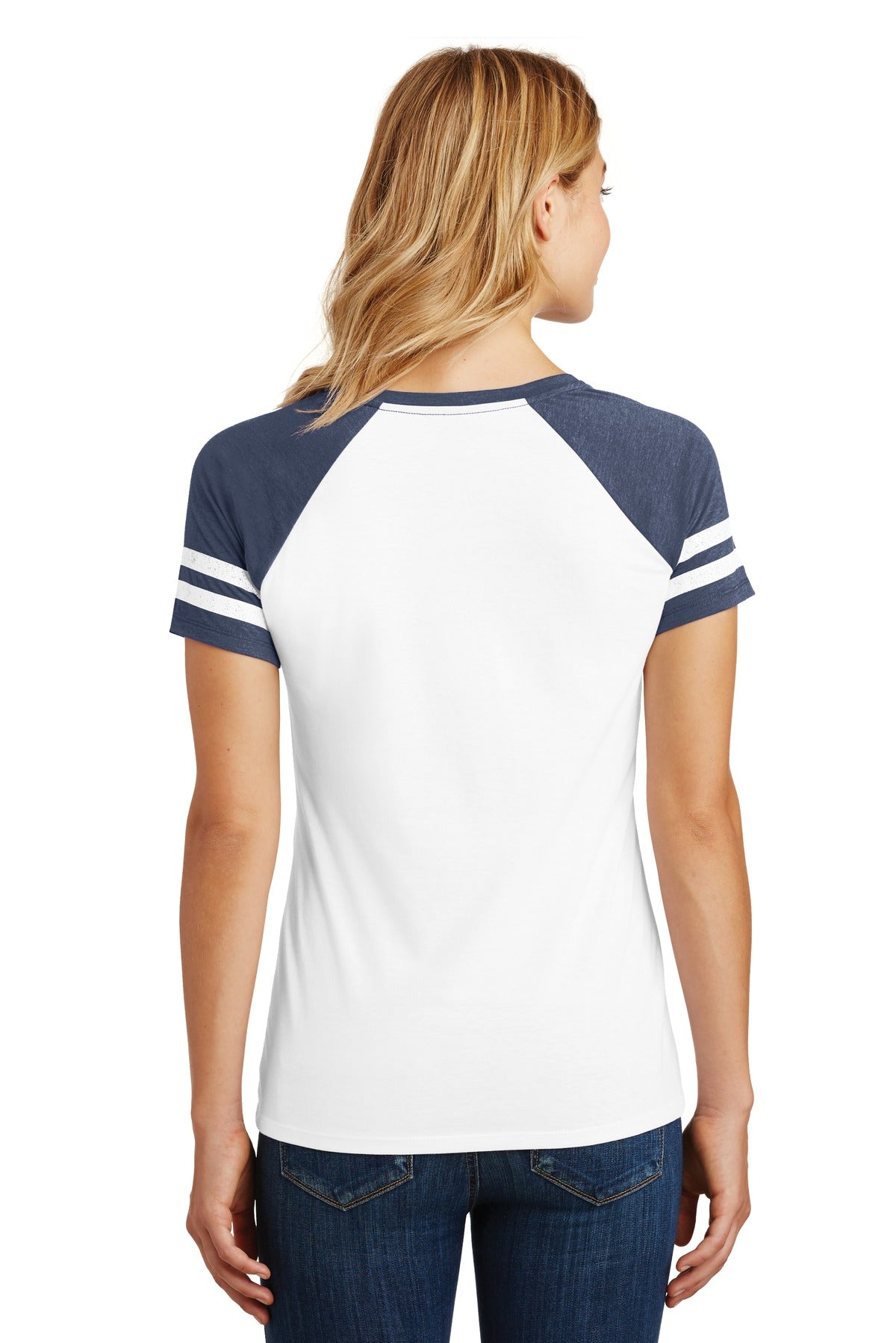 Custom Embroidered District Women's Game V-Neck Tee. DM476,White/ Heathered True Navy