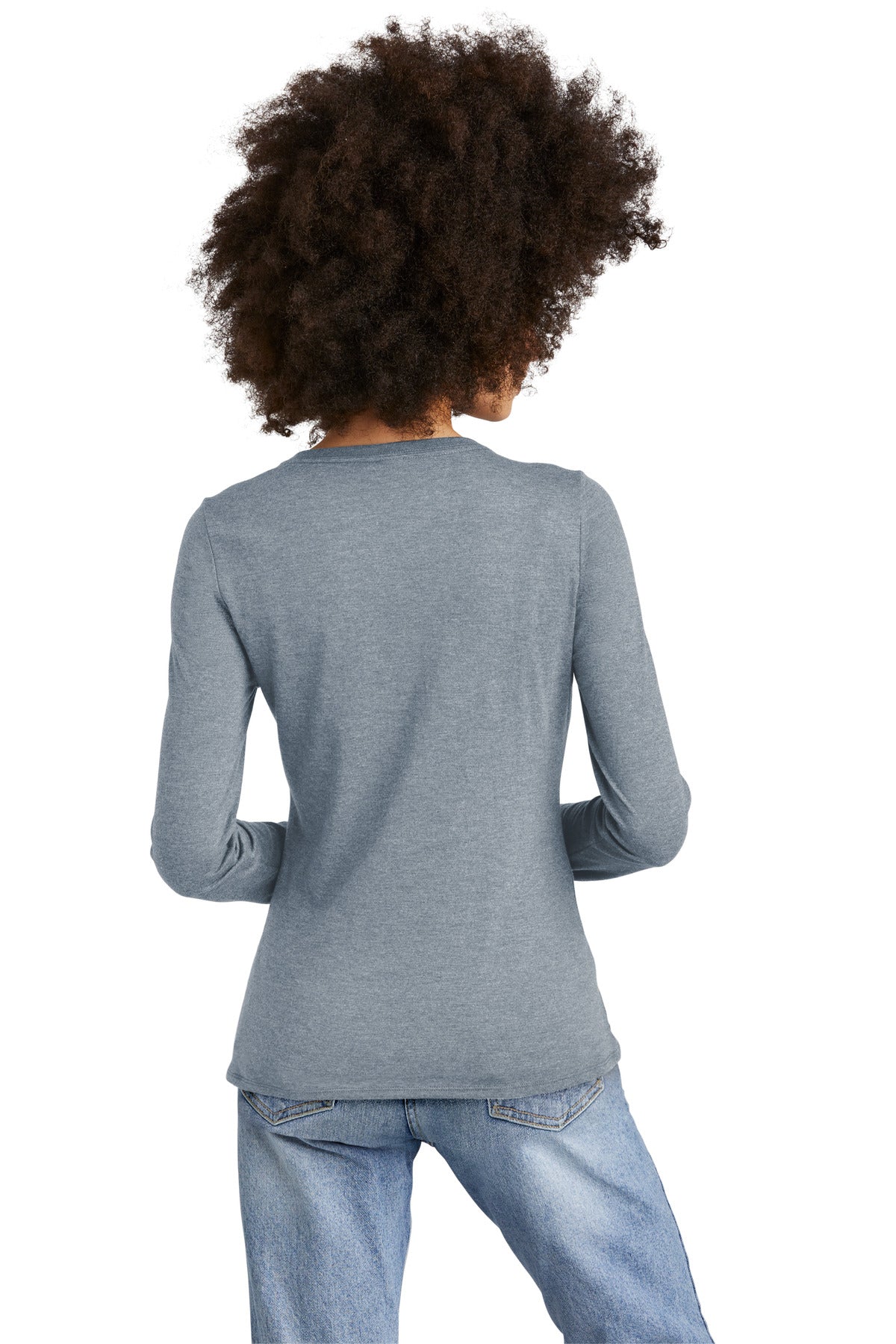 Custom Embroidered District Women's Perfect Tri Long Sleeve V-Neck Tee DT135,Flint Blue Heather