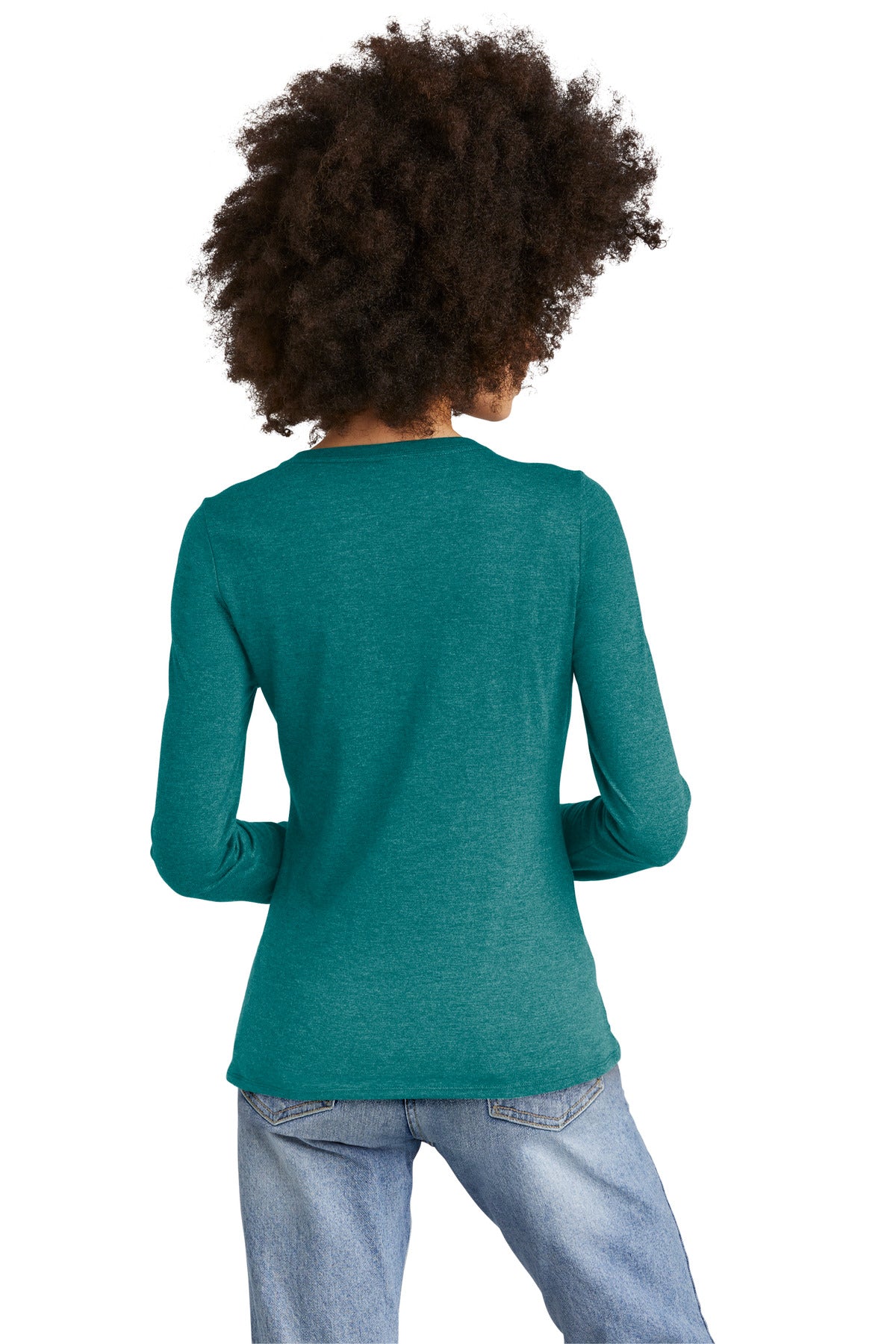Custom Embroidered District Women's Perfect Tri Long Sleeve V-Neck Tee DT135,Heathered Teal