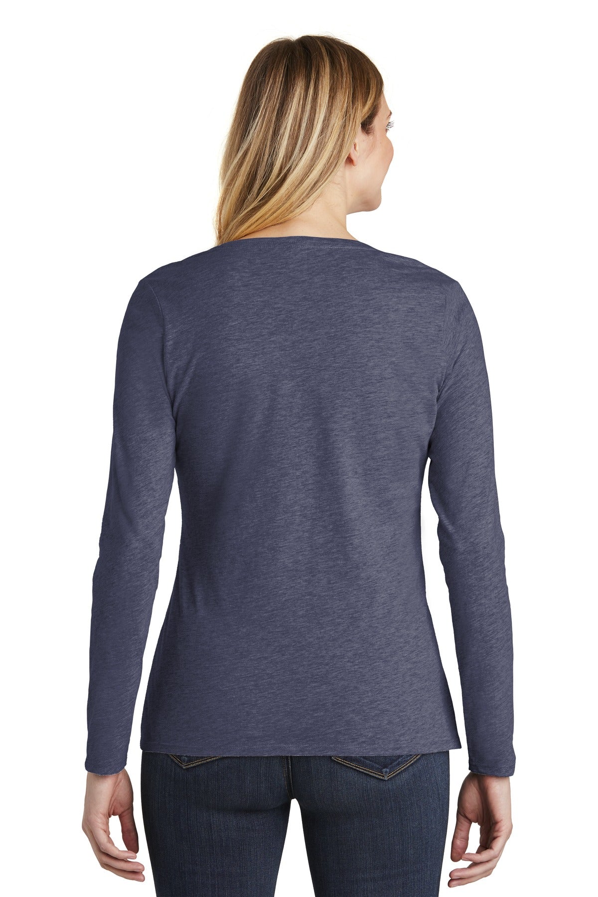 Custom Embroidered District Women's Very Important Tee Long Sleeve V-Neck. DT6201,Heathered Navy