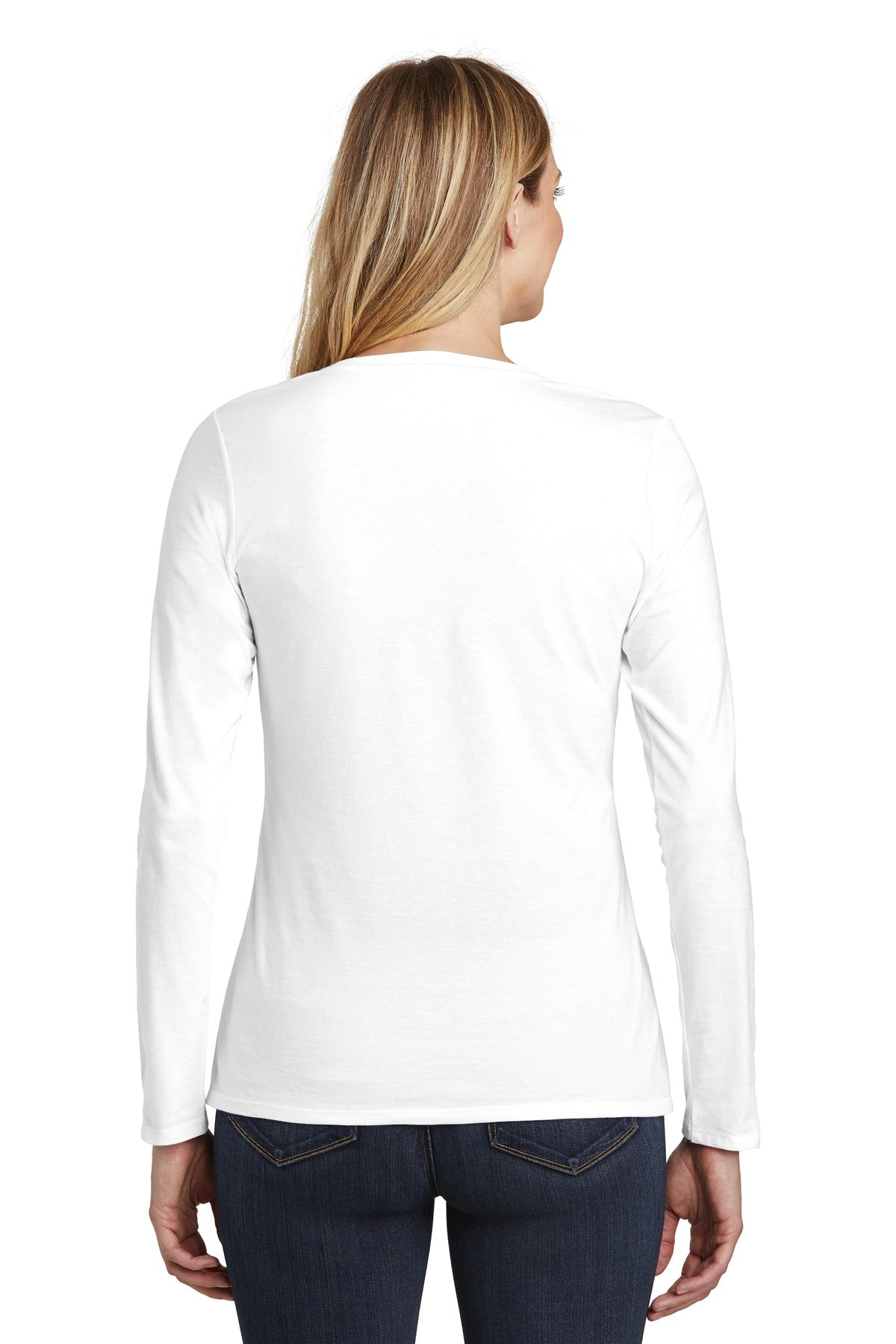Custom Embroidered District Women's Very Important Tee Long Sleeve V-Neck. DT6201,White