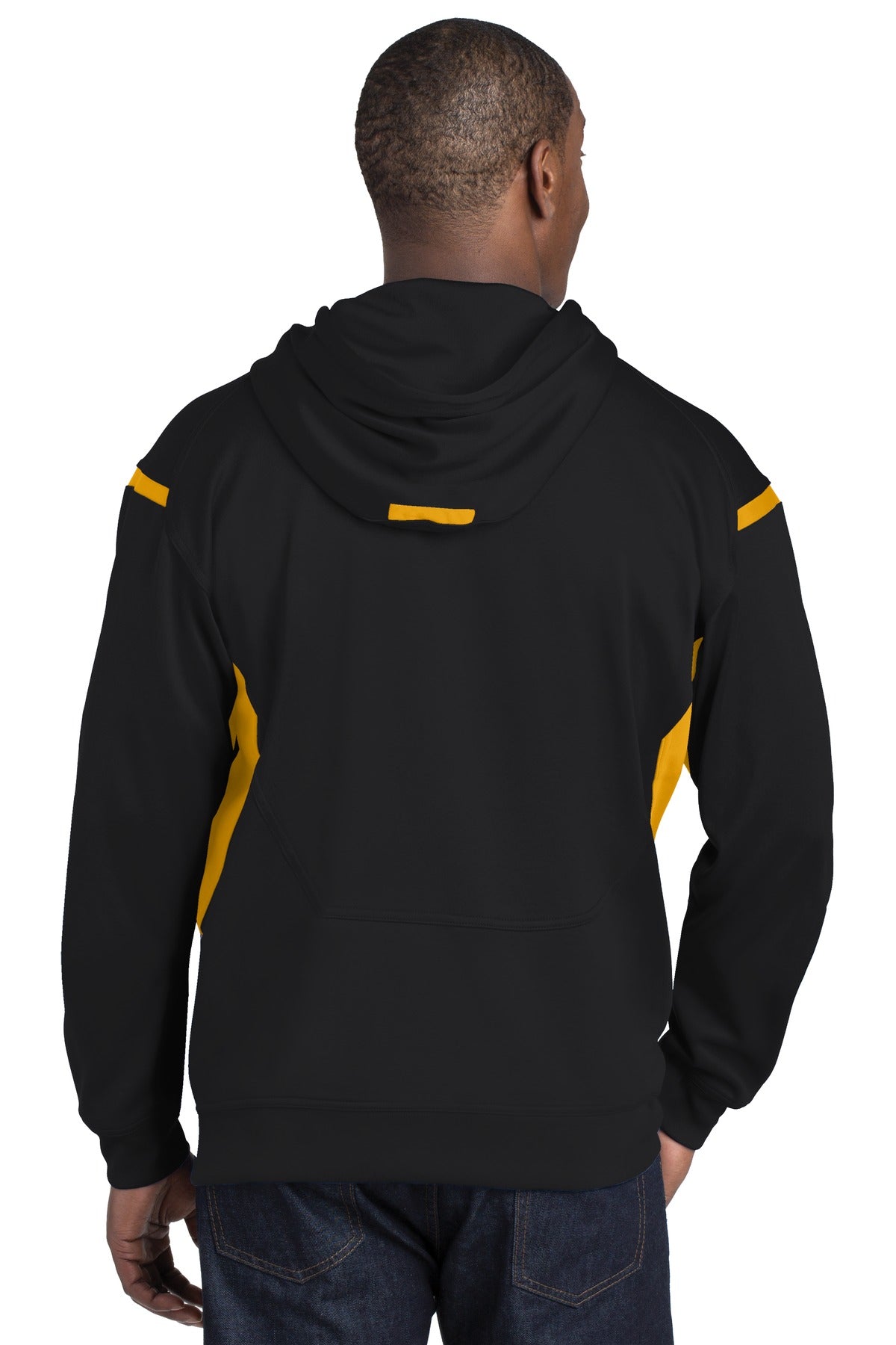 Custom Embroidered Sport-Tek Tech Fleece Colorblock Hooded Sweatshirt. F246,Black/ Gold