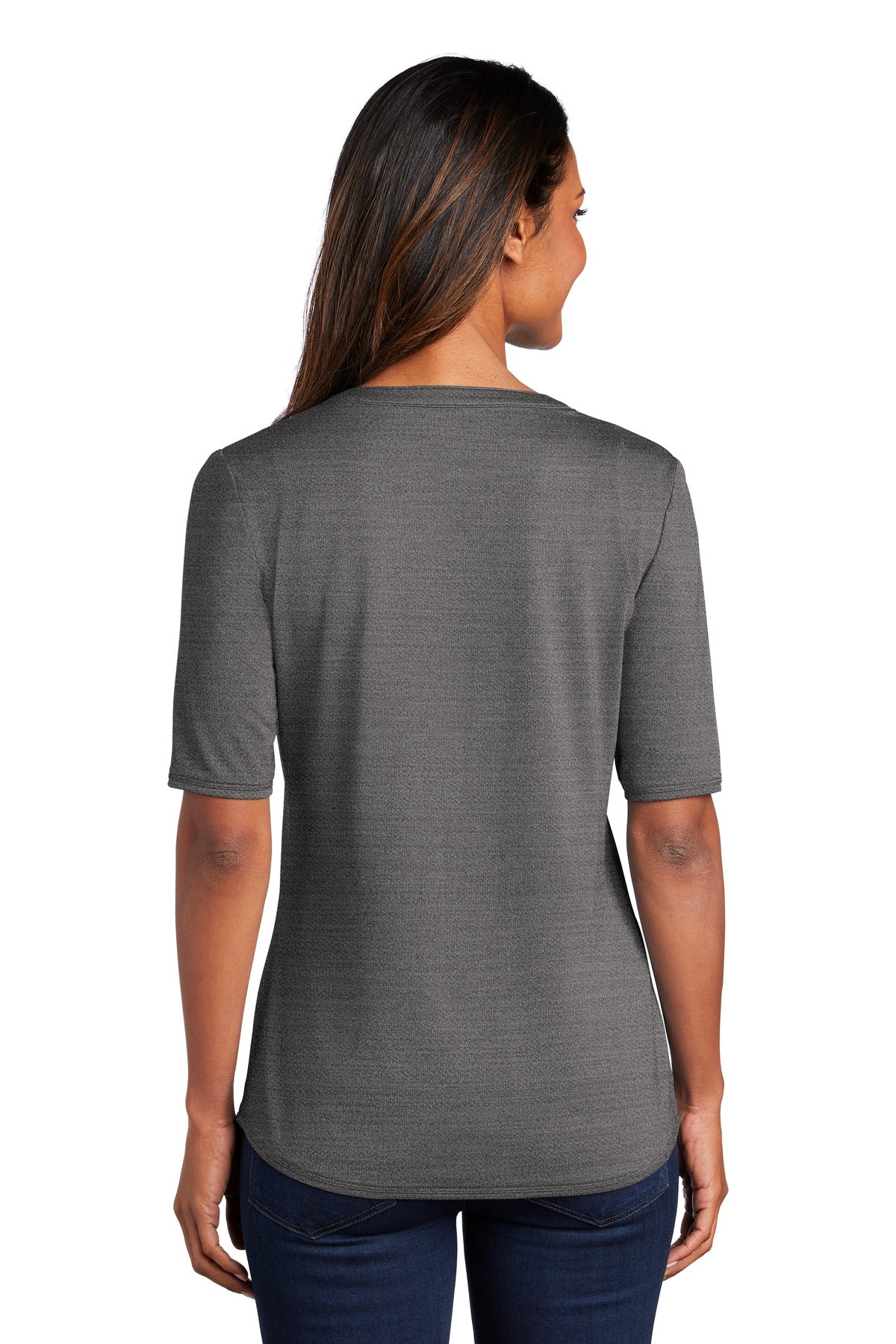 Custom Embroidered Port Authority Women's Stretch Heather Open Neck Top LK583,Black/ Thunder Grey