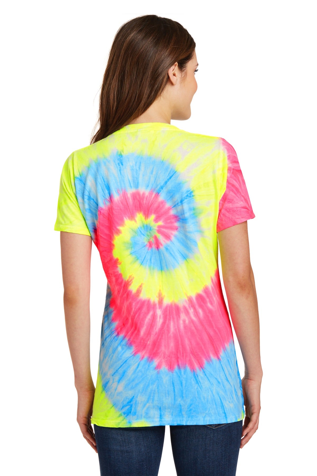Custom Embroidered Port & Company Women's Tie-Dye V-Neck Tee. LPC147V,Neon Rainbow