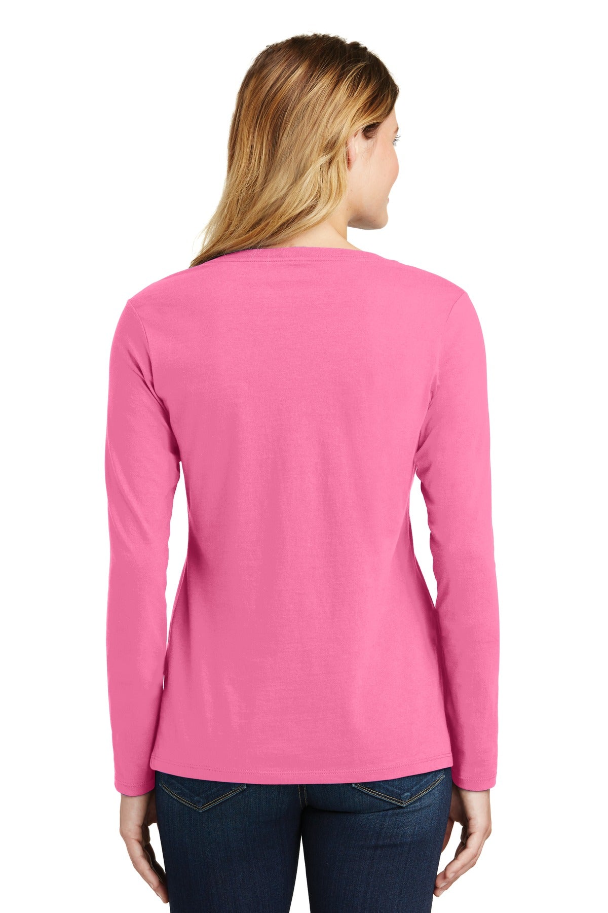 Custom Embroidered Port & Company Women's Long Sleeve Fan Favorite V-Neck Tee. LPC450VLS,New Pink