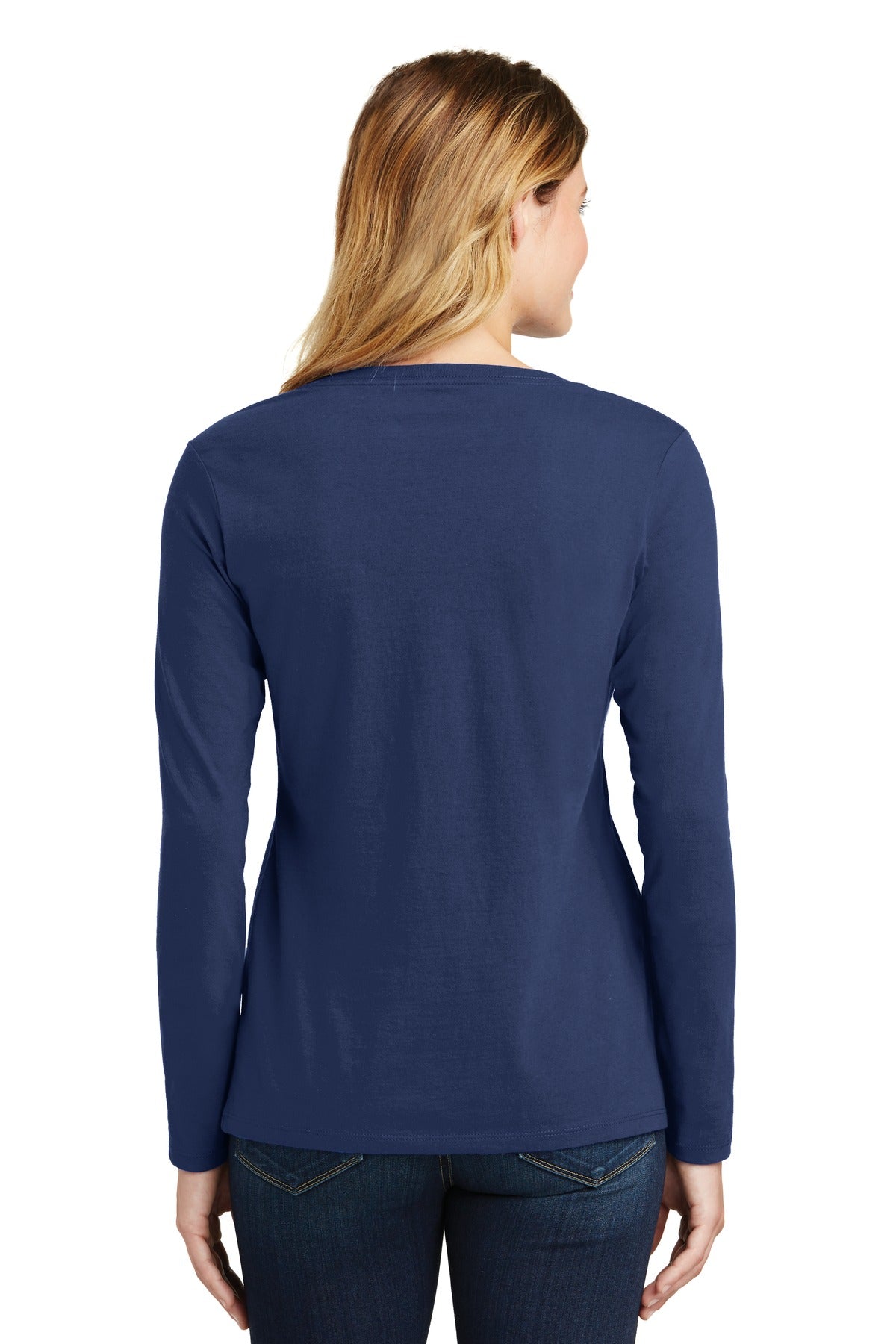 Custom Embroidered Port & Company Women's Long Sleeve Fan Favorite V-Neck Tee. LPC450VLS,Team Navy