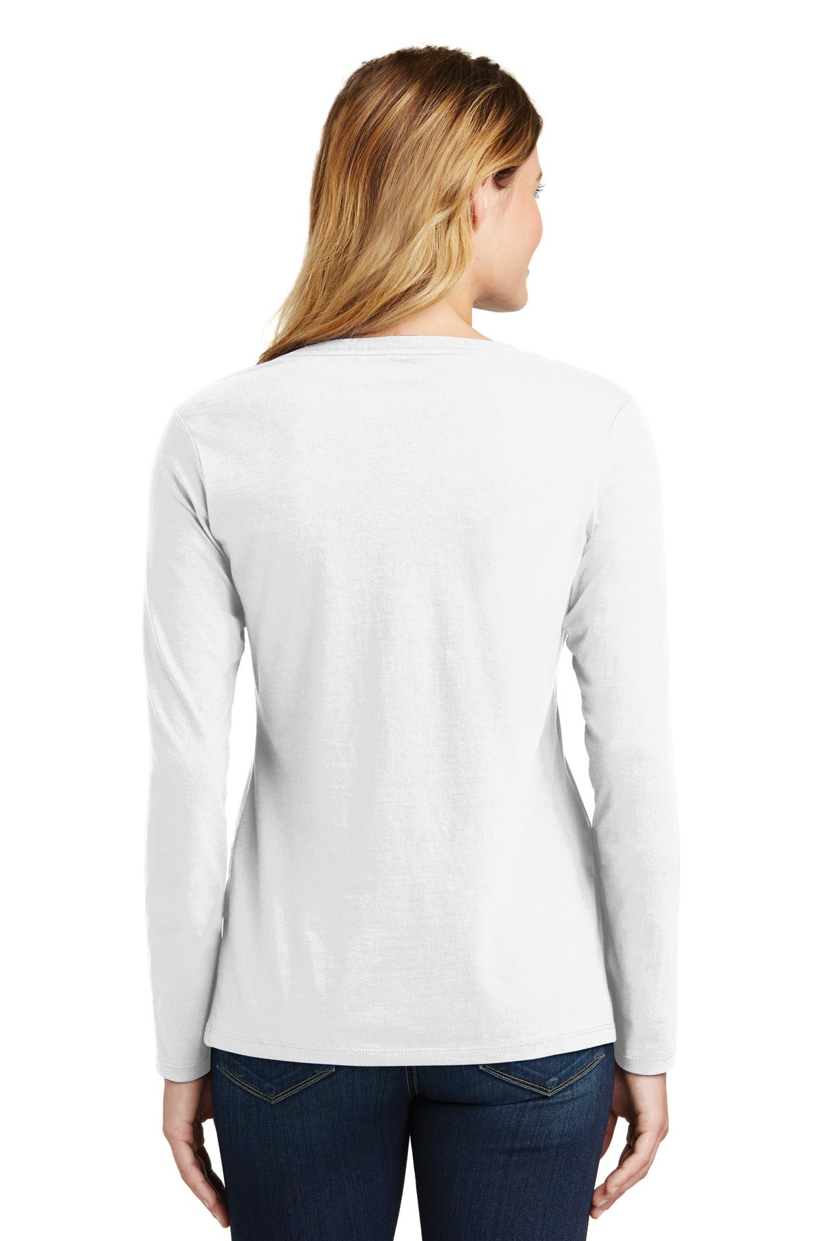 Custom Embroidered Port & Company Women's Long Sleeve Fan Favorite V-Neck Tee. LPC450VLS,White