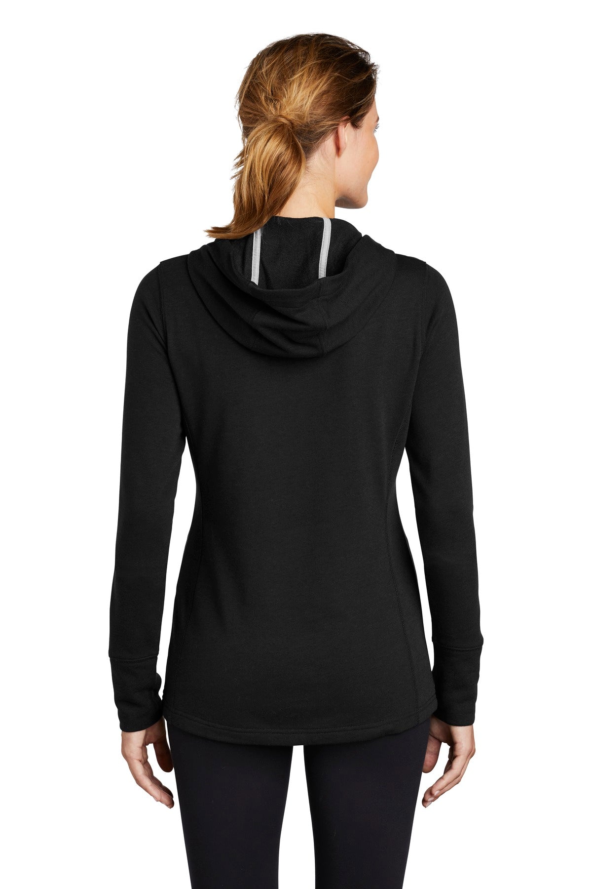 Custom Embroidered Sport-Tek Women's PosiCharge Tri-Blend Wicking Fleece Hooded Pullover. LST296,Black Triad Solid