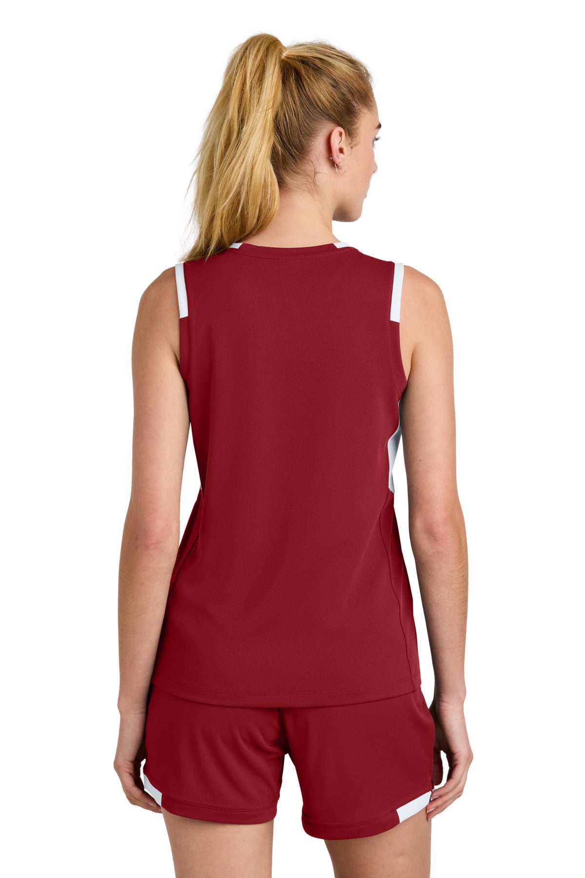 Custom Embroidered Sport-Tek Women's Club Sleeveless V-Neck LST441,Deep Red/ White