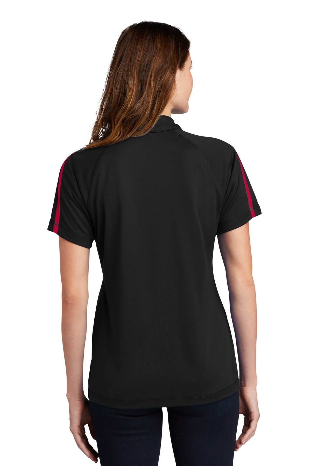 Custom Embroidered Sport-Tek Women's PosiCharge Micro-Mesh Colorblock Polo. LST685,Black/ Red