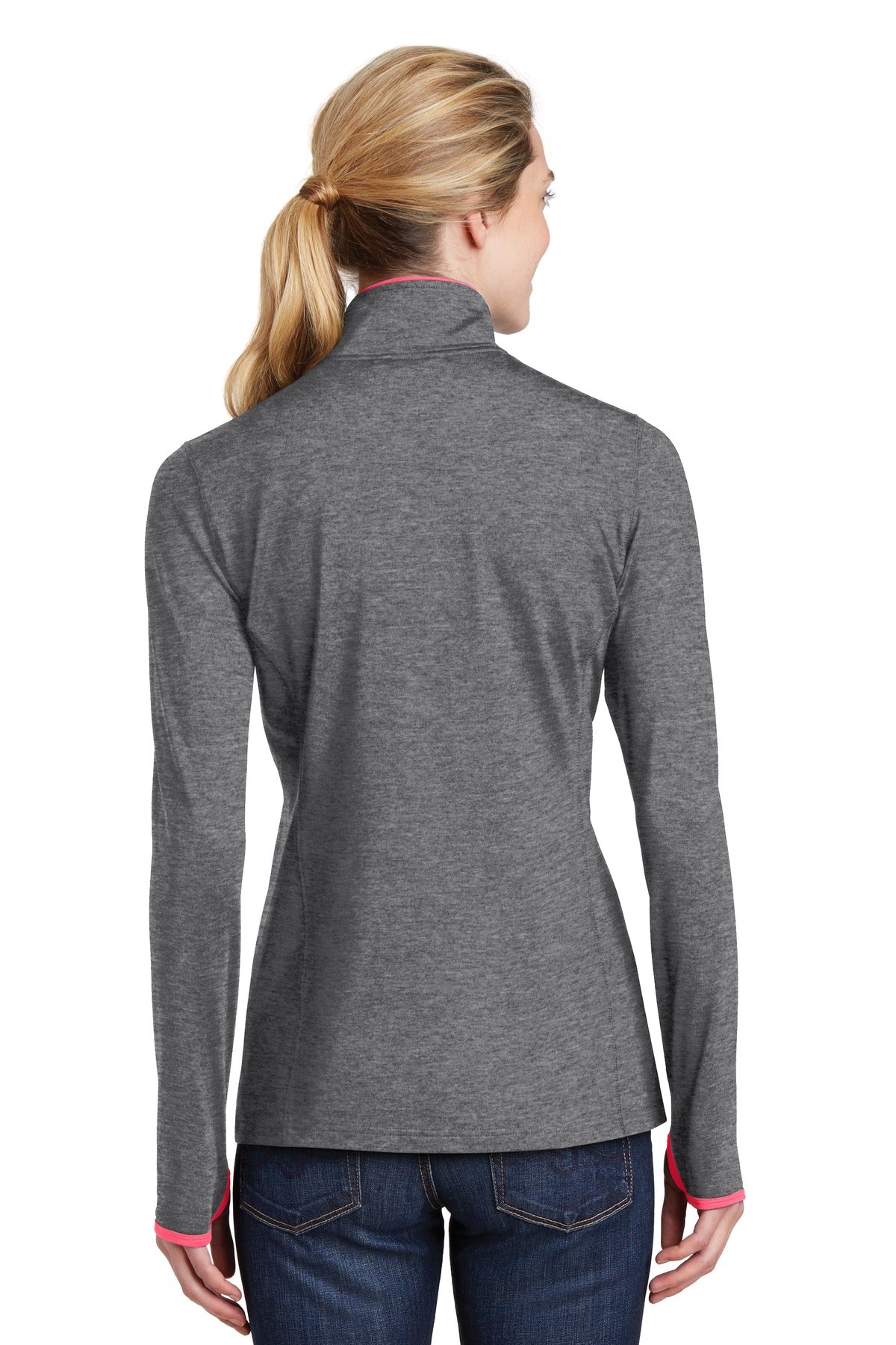 Custom Embroidered Sport-Tek Women's Sport-Wick Stretch Contrast Full-Zip Jacket. LST853,Charcoal Grey Heather/ Hot Coral