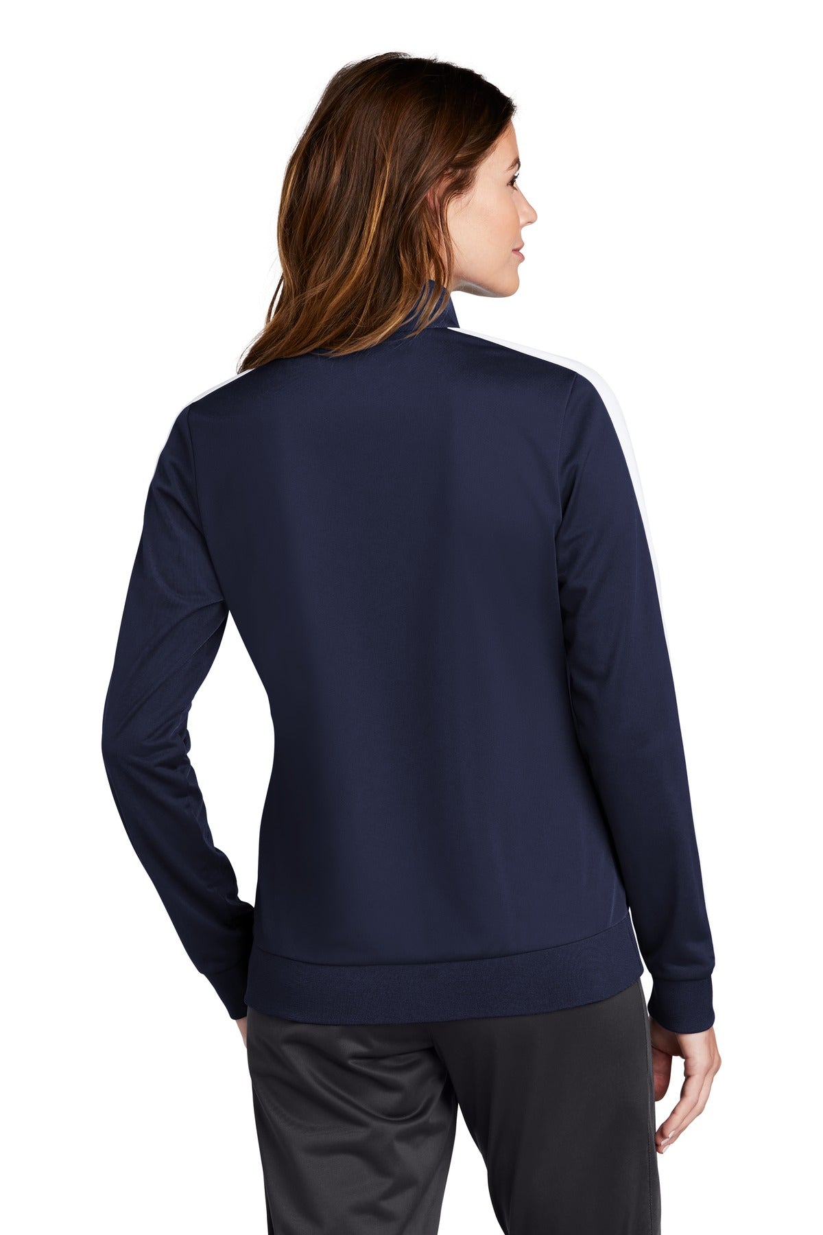 Custom Embroidered Sport-Tek Ladies Tricot Sleeve Stripe Track Jacket. LST94,True Navy/ White