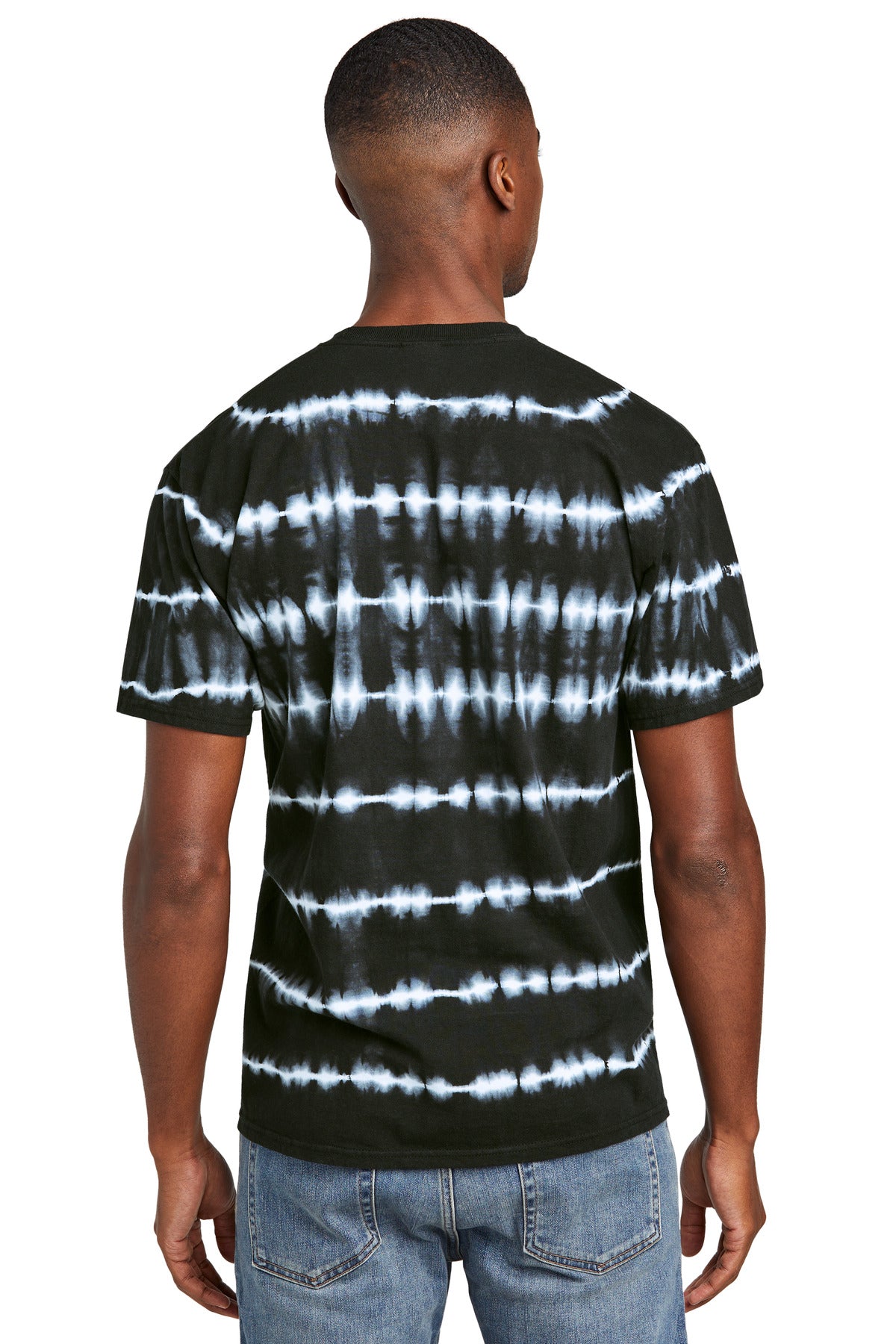 Custom Embroidered Port & Company Allover Stripe Tie-Dye Tee PC142,Black/ White