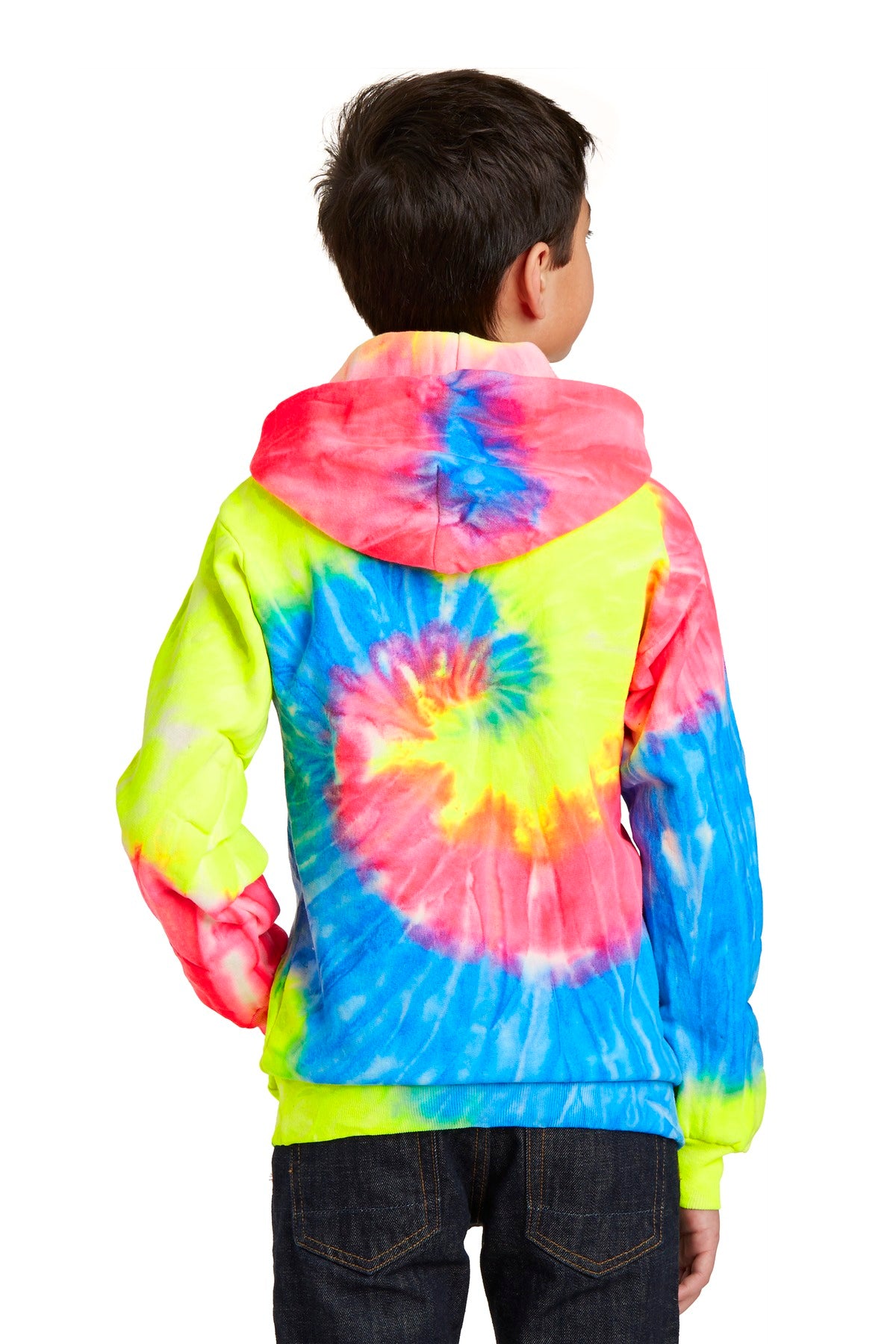 Custom Embroidered Port & Company Youth Tie-Dye Pullover Hooded Sweatshirt. PC146Y,Neon Rainbow