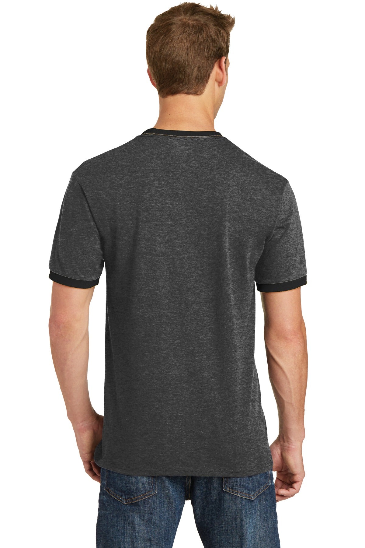 Custom Embroidered Port & Company Core Cotton Ringer Tee. PC54R,Dark Heather Grey/ Jet Black