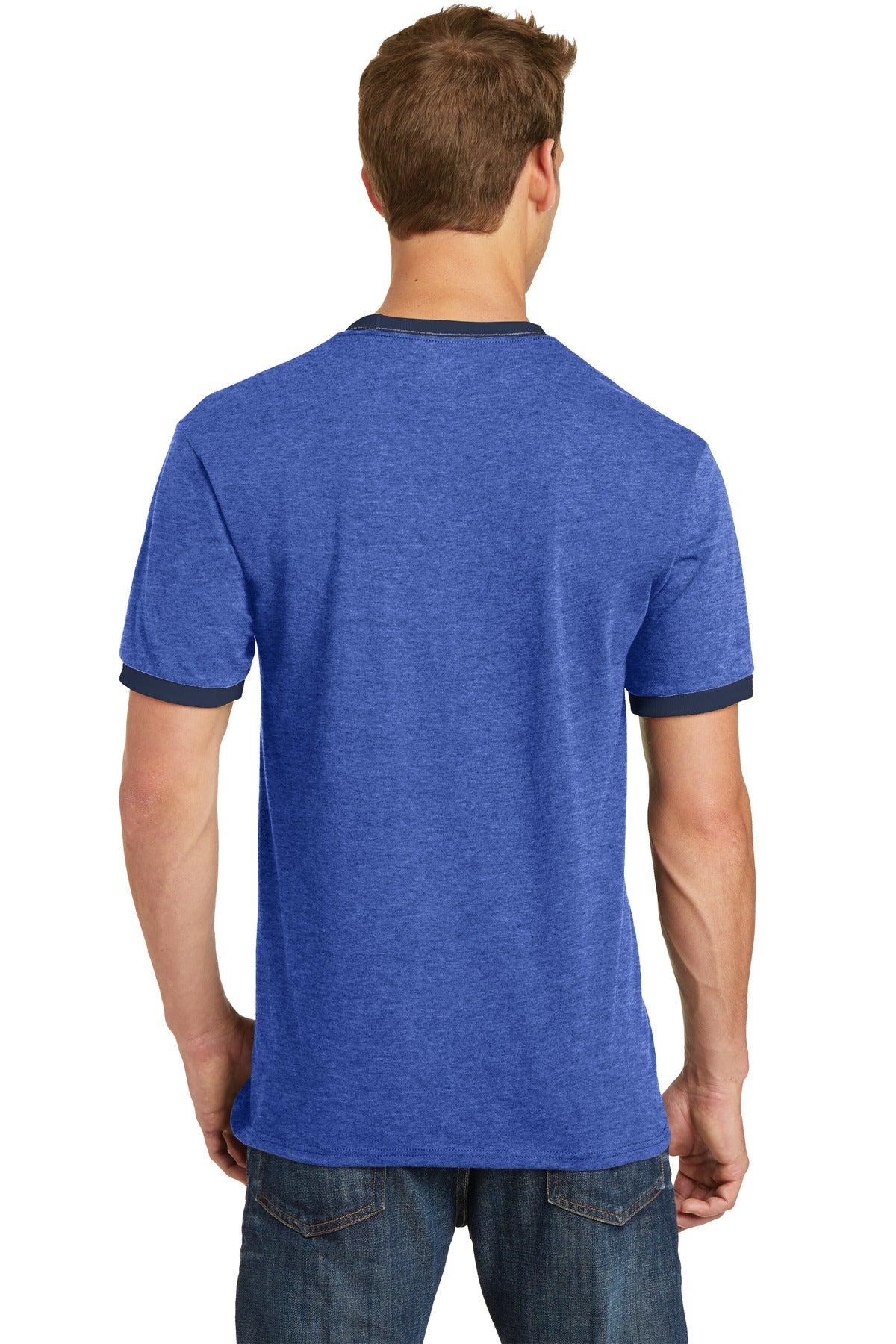 Custom Embroidered Port & Company Core Cotton Ringer Tee. PC54R,Heather Royal/ Navy