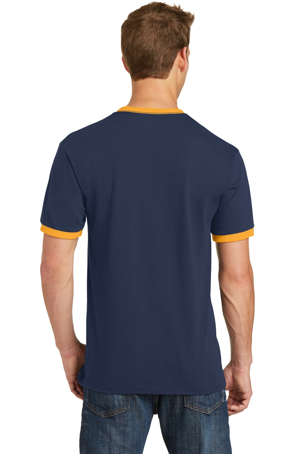 Custom Embroidered Port & Company Core Cotton Ringer Tee. PC54R,Navy/ Gold