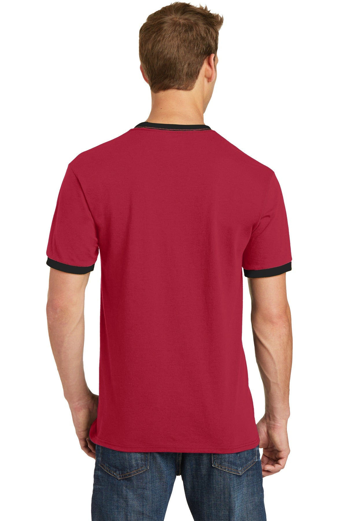Custom Embroidered Port & Company Core Cotton Ringer Tee. PC54R,Red/ Jet Black