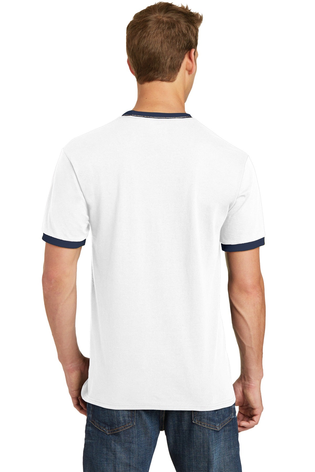 Custom Embroidered Port & Company Core Cotton Ringer Tee. PC54R,White/ Navy