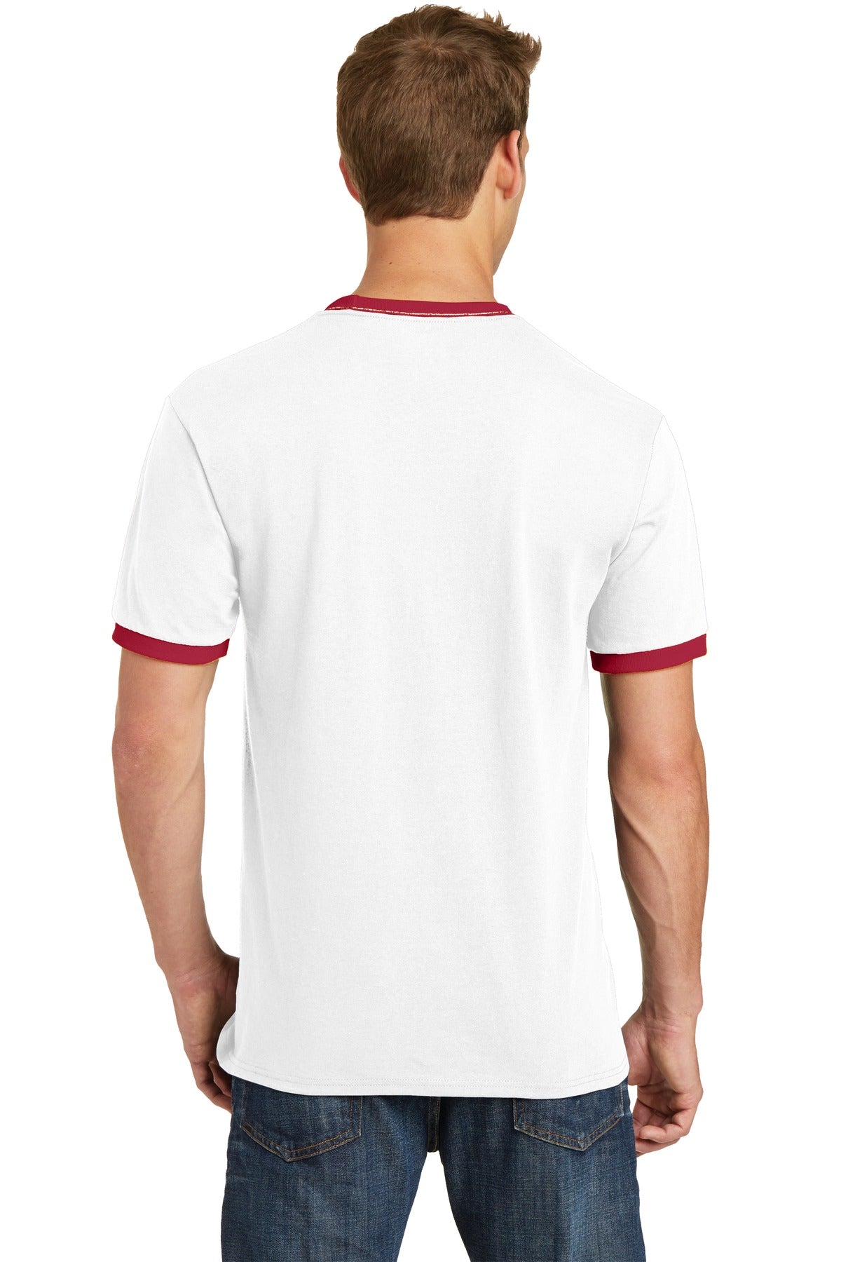 Custom Embroidered Port & Company Core Cotton Ringer Tee. PC54R,White/ Red