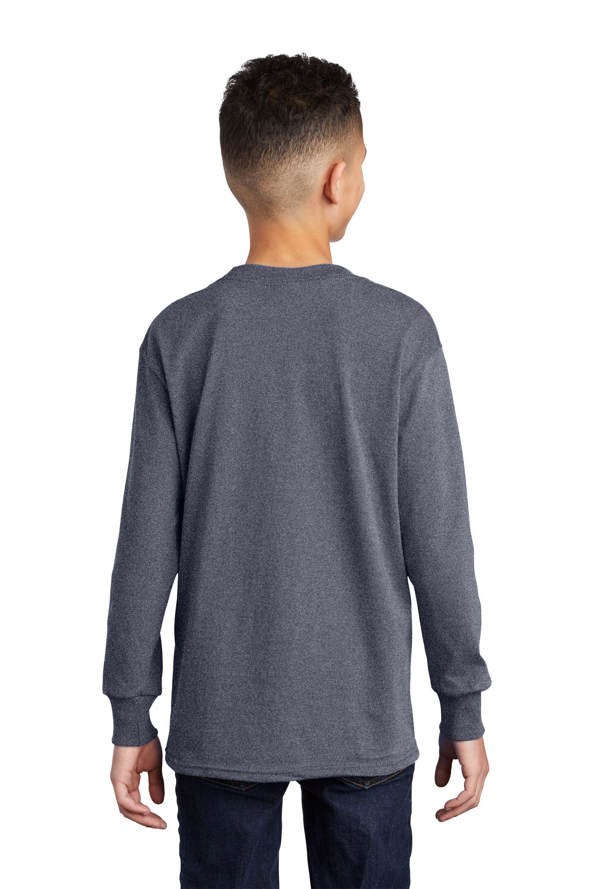 Custom Embroidered Port & Company Youth Long Sleeve Core Cotton Tee. PC54YLS,Heather Navy