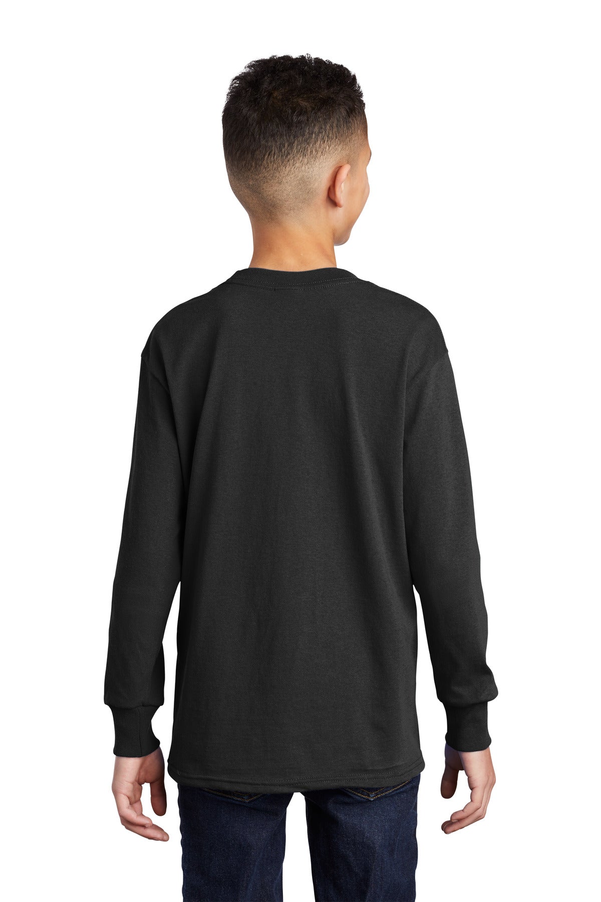 Custom Embroidered Port & Company Youth Long Sleeve Core Cotton Tee. PC54YLS,Jet Black