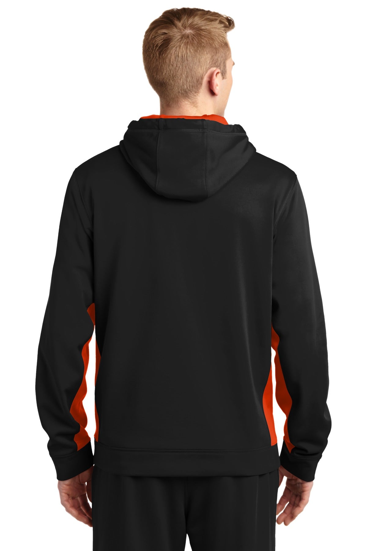 Custom Embroidered Sport-Tek Sport-Wick Fleece Colorblock Hooded Pullover. ST235,Black/ Deep Orange