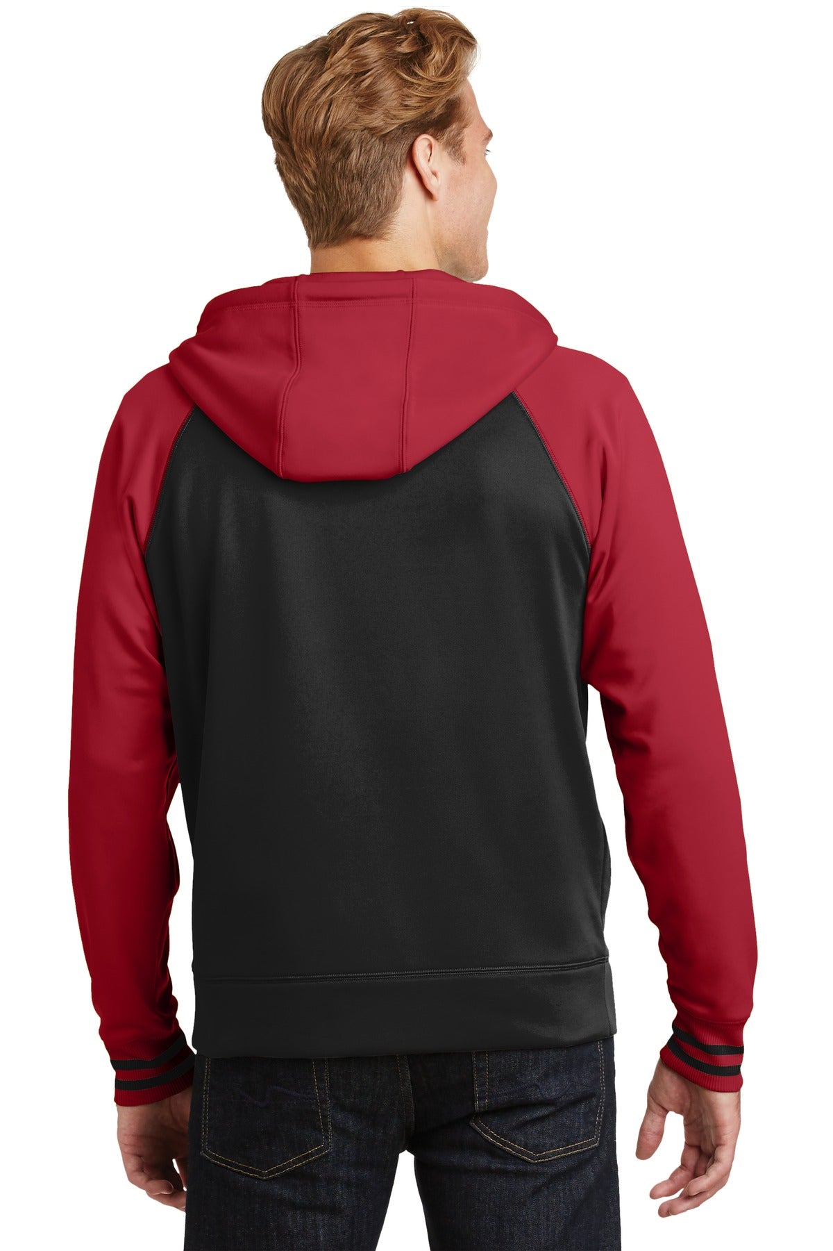 Custom Embroidered Sport-Tek Sport-Wick Varsity Fleece Full-Zip Hooded Jacket. ST236,Black/ Deep Red