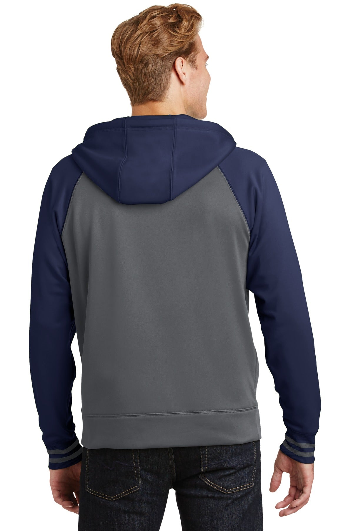 Custom Embroidered Sport-Tek Sport-Wick Varsity Fleece Full-Zip Hooded Jacket. ST236,Dark Smoke Grey/ Navy