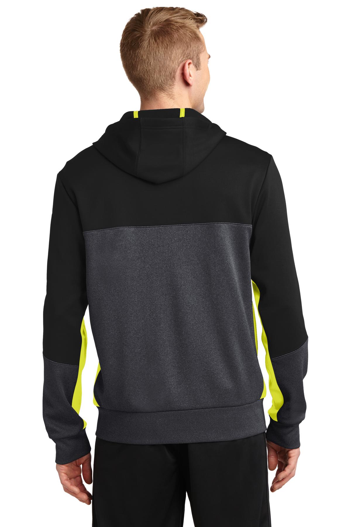 Custom Embroidered Sport-Tek Tech Fleece Colorblock Full-Zip Hooded Jacket. ST245,Black/ Graphite Heather/ Citron