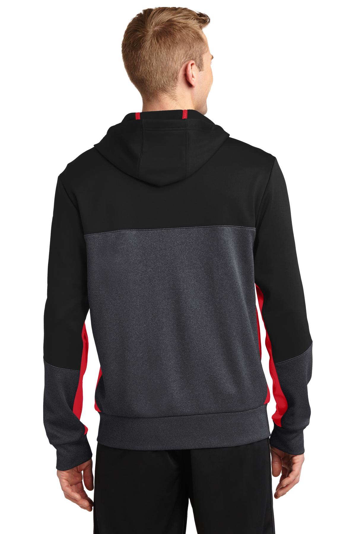 Custom Embroidered Sport-Tek Tech Fleece Colorblock Full-Zip Hooded Jacket. ST245,Black/ Graphite Heather/ True Red